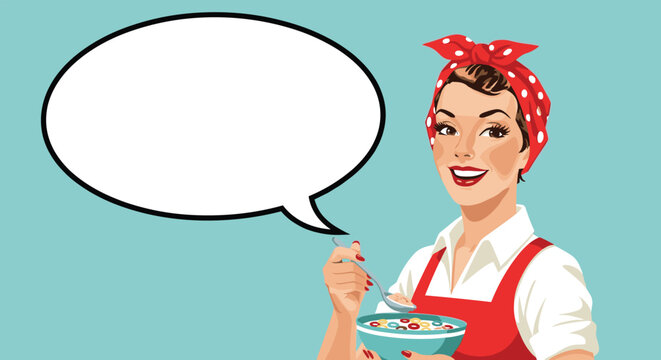 Happy woman in retro red headband holding cereal bowl with spoon and empty speech bubble for breakfast promo.