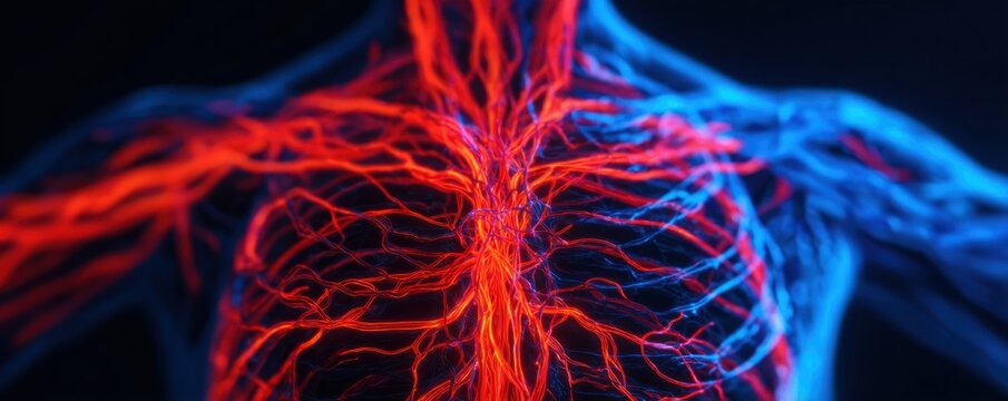 human circulatory system showing arteries and veins in 3d medical visualization representing cardiovascular structure and blood flow concept for anatomy education