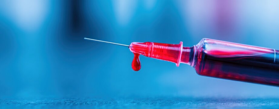 medical syringe with needle and red liquid drop against dark blue clinical background representing hyperviscosity condition and blood density testing concept