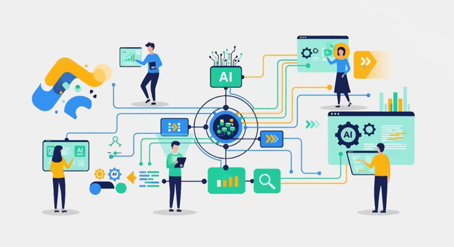 People collaborating on a complex AI and data management system with interconnected digital interfaces.