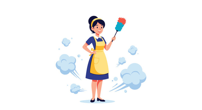 Smiling maid in a traditional uniform holding a feather duster with stylized blue dust or steam clouds in the background.