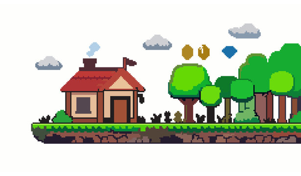 8bit pixel art cute house by forest edge retro platformer game level horizontal vector illustration