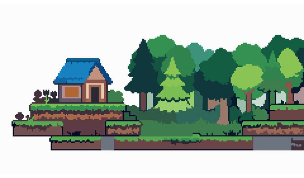 Retro 8bit pixel house in forest platform level layered game scene colorful vector illustration