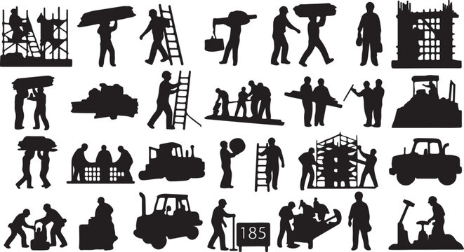 Construction worker silhouettes, 25 black icons, laborer vector set, building industry graphics
