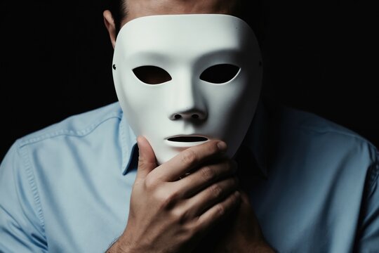Man in blue shirt holds white mask in front of face. Person hides identity. Concealing true self concept. Corporate facade metaphor. Business deception symbolism. Faceless individual mystery.