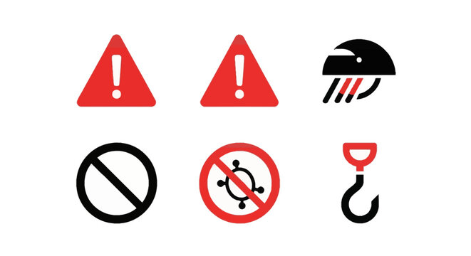A collection of six distinct warning and prohibition icons, including hazard symbols, a helmet, a no-entry sign, and a lifting hook.