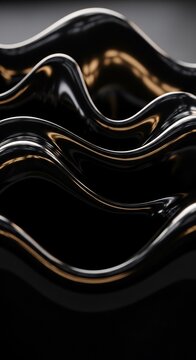 Abstract Black Liquid Waves with Metallic Sheen and Golden Highlights.