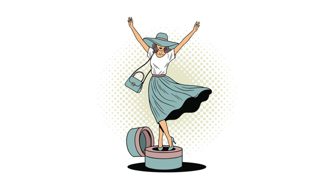 Elegant woman in a wide brimmed hat and skirt jumping out of a gift or hat box with her arms raised in joy.