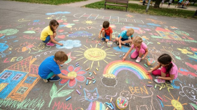 Group of children drawing with colorful chalk on the park pavement. Boys and girls enjoying outdoor creative activities. Concept of International Childrens Day and happy childhood play.