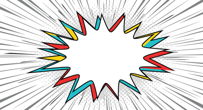Colorful pop art comic book speech bubble with jagged edges and fast motion lines for dynamic action and text placement.