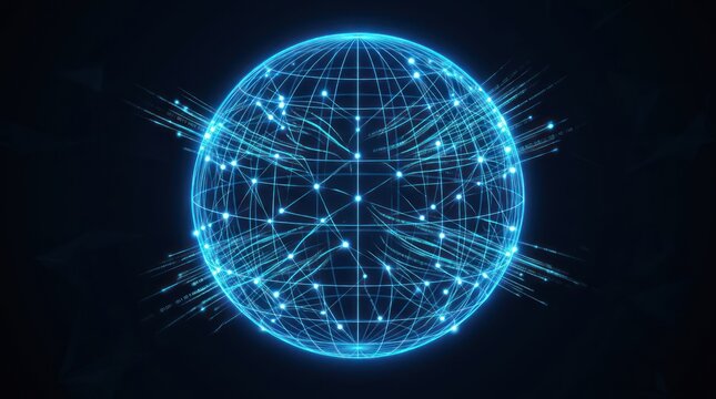 A glowing blue digital globe with interconnected nodes and data streams on black background
