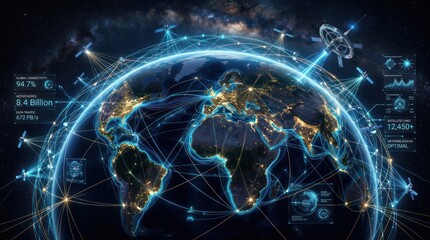 Fototapeta premium Digital globe showing global satellite connectivity and data network links in space