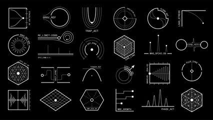 Technical micrographics set with schematic diagrams and abstract symbols