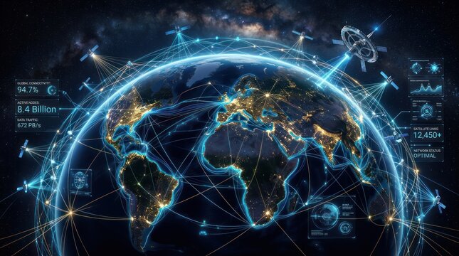 Digital globe showing global satellite connectivity and data network links in space