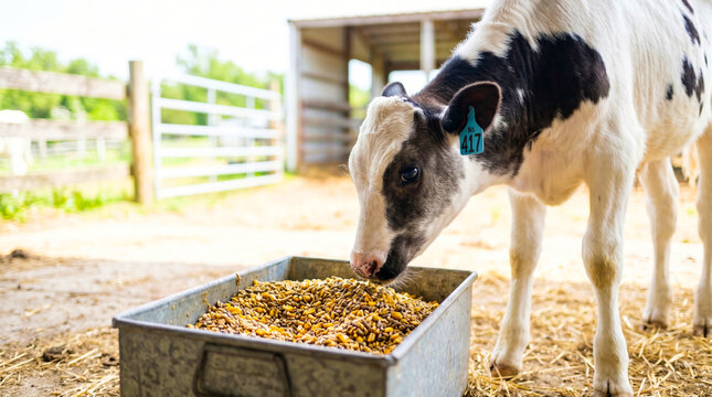 Young Holstein calf eating grain from trough on farm