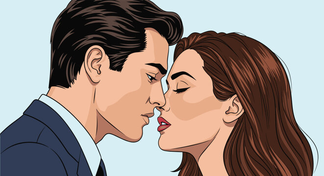 Romantic close up of a beautiful young couple in love looking into each others eyes and being about to share a kiss.