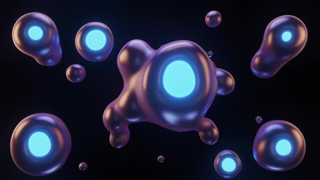 Abstract flowing liquid blobs with glowing blue centers on dark background