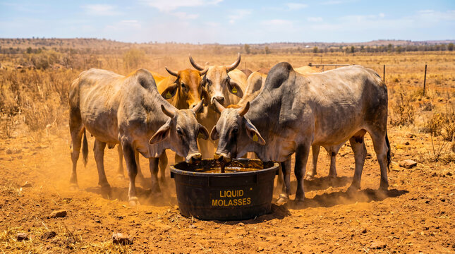 Brahman cattle eating liquid molasses supplement in arid outback
