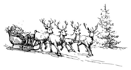 Christmas reindeer sleigh with gifts illustration hand drawn vintage engraving style for holiday celebration © JakubVectorSketch
