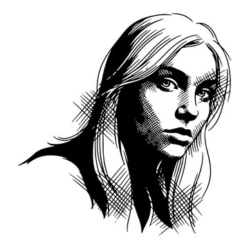 Beautiful woman portrait with long hair hand drawn engraving style artistic female face sketch