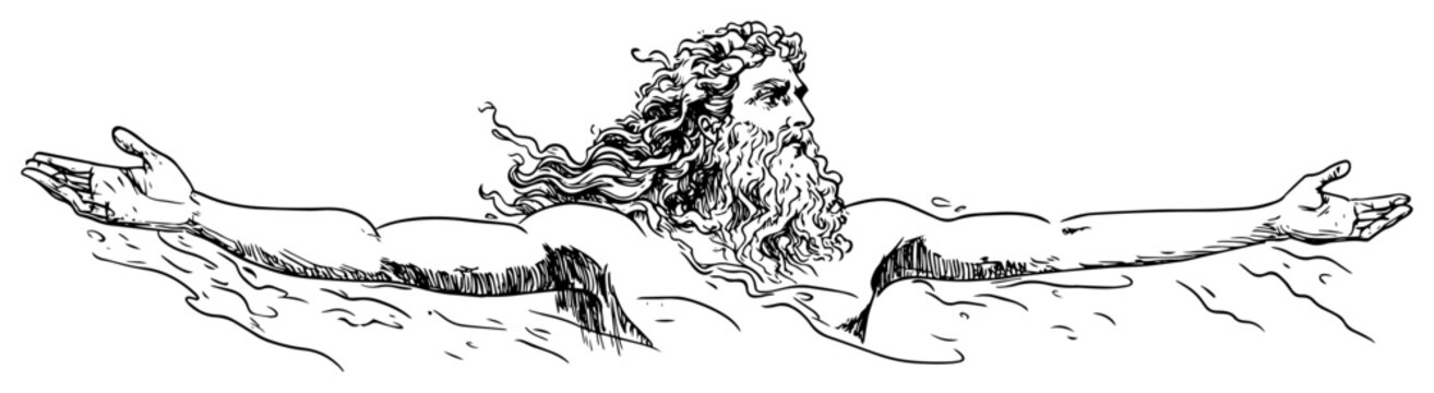 Poseidon Greek god of the sea Neptune rising from water hand drawn vintage engraving style mythical illustration