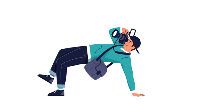 Professional photographer in casual clothes lying on the ground to capture a creative low angle photo with his camera.
