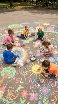 Group of children drawing with colorful chalk on asphalt in park. Diverse kids creating vibrant artwork outdoors. Fun activity for International Childrens Day celebration and education.
