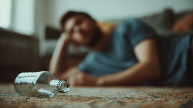 Empty bottle on floor and blurred man lying on couch in morning light alcoholism addiction hangover concept