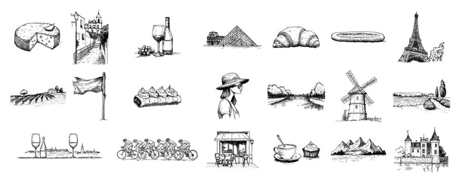 France and Paris icons set collection hand drawn vintage engraving style featuring Eiffel tower wine cheese and culture