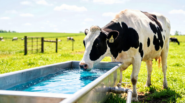 Holstein cow drinking from metal water trough on green pasture