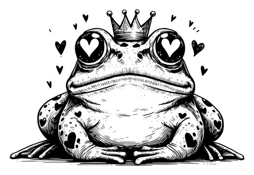 Frog prince with crown and heart eyes hand drawn vintage engraving style romantic fairy tale character