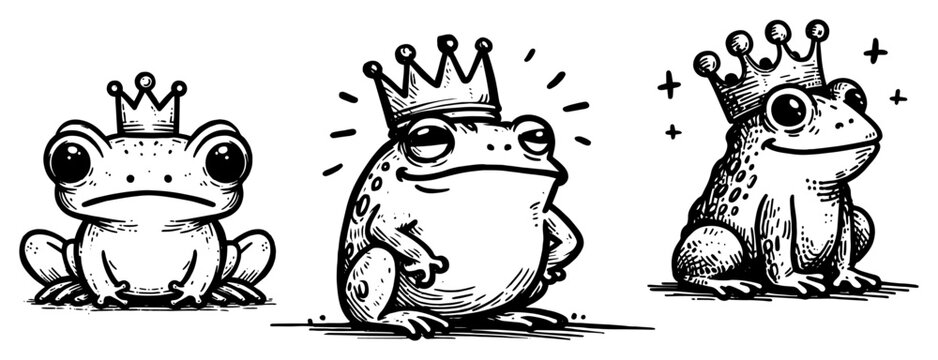 Frog prince set with crowns hand drawn vintage engraving style cute fairy tale characters collection