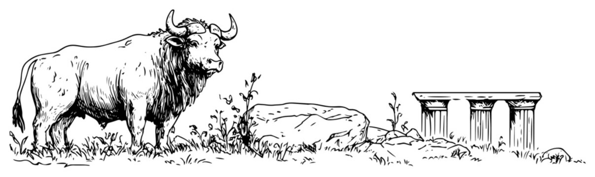 Bull in field with ancient ruins illustration hand drawn vintage engraving style for history and mythology themes