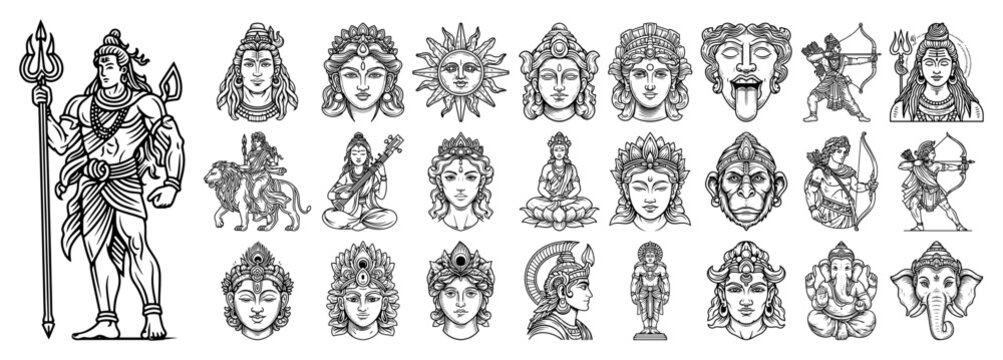Hindu gods and goddesses icons set hand drawn vintage engraving style featuring Shiva Ganesha and Hanuman