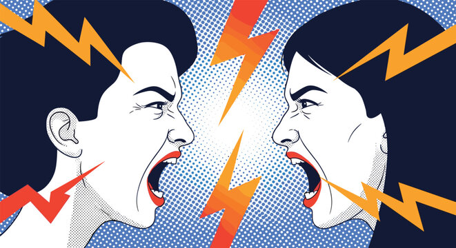 Two angry women screaming at each other with lightning bolts representing a fierce personal argument or conflict.