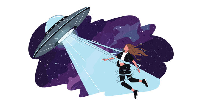 Young woman being pulled into the air by a bright light beam from an unidentified flying object in a starry space setting.