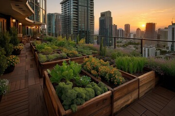 Fototapeta premium Urban rooftop garden with lush green plants and flowers, overlooking a city skyline at sunset.