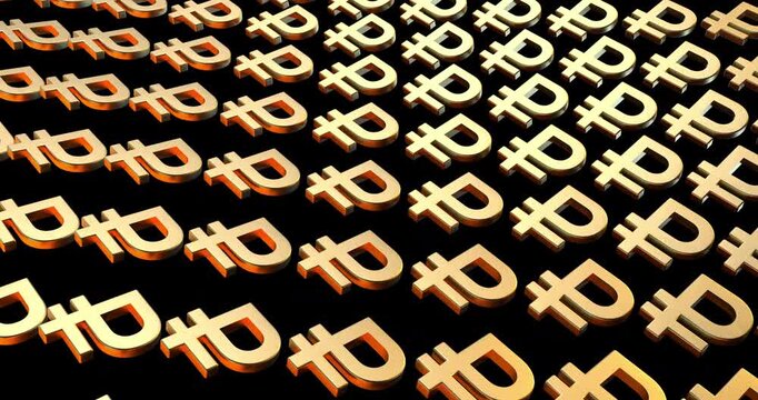 Rows of glossy three-dimensional Russian ruble symbols in gold and bronze tones are arranged in a diagonal pattern on a dark background.