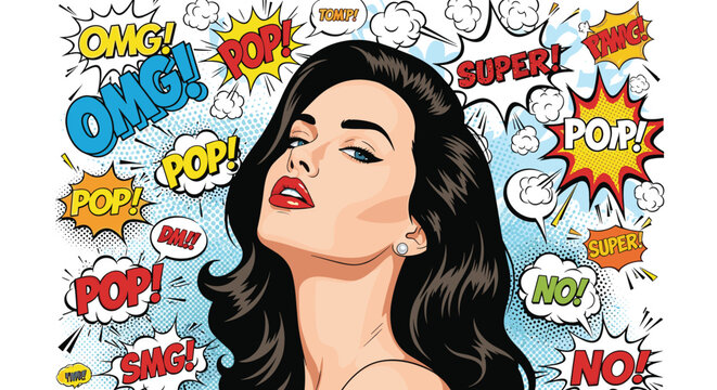 Stylish pop art woman with long dark hair surrounded by colorful text bubbles like OMG, POP, and SUPER against a dotted background.