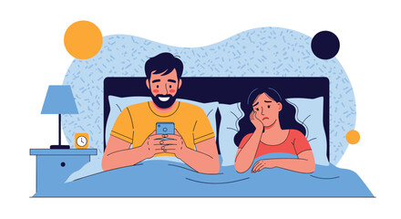 Obraz premium Happy man using his smartphone in bed while his sad partner looks away feeling neglected in their relationship.