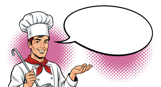 Friendly chef in a white uniform and tall hat holding a ladle and gesturing toward a large empty speech bubble.