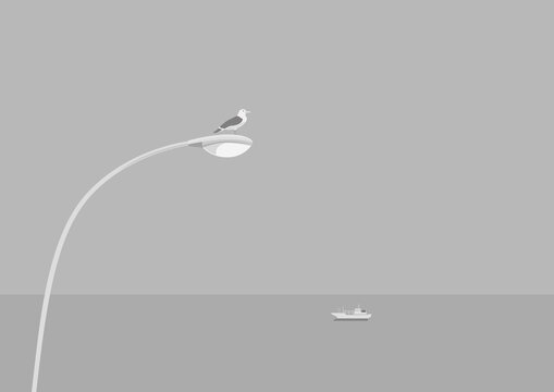 カモメと電灯と霧雨のイラスト