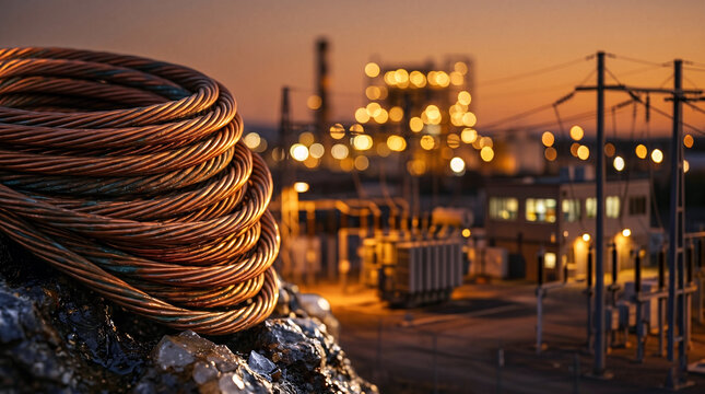Thick coiled copper electrical wire with industrial electrical plant at dusk