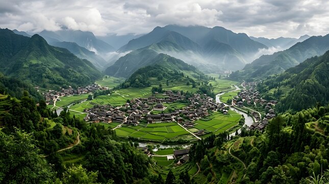 Aerial view of a green valley with a village and mountains