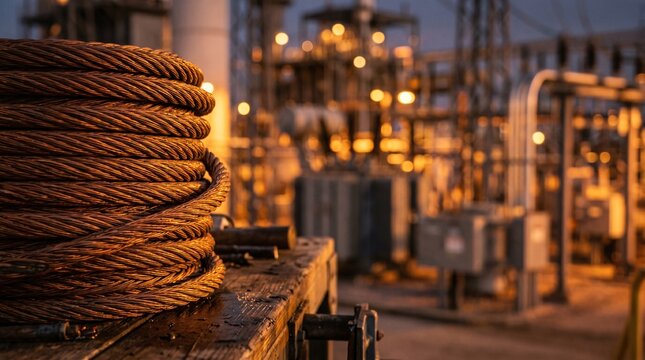 Thick coiled copper electrical wire with industrial electrical plant at dusk