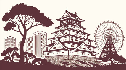 Naklejka premium Osaka Skyline Silhouette | Osaka Castle & Umeda Sky Building Vector Art