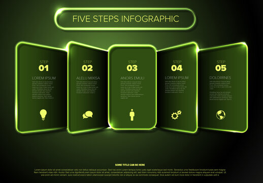 Futuristic Green Five Steps Infographic Template with Neon Light Borders