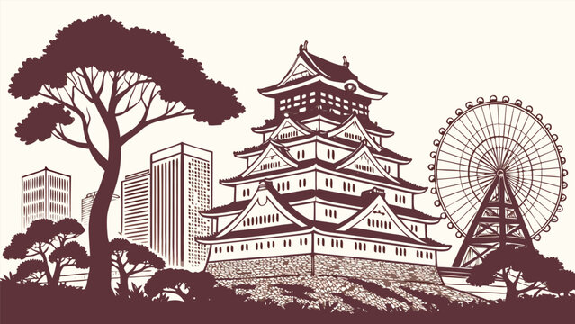 Osaka Skyline Silhouette | Osaka Castle & Umeda Sky Building Vector Art