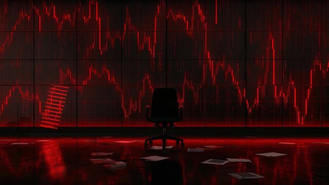 Dark trading room with empty chair, glowing red market charts, financial decline data and dramatic stock exchange crisis mood