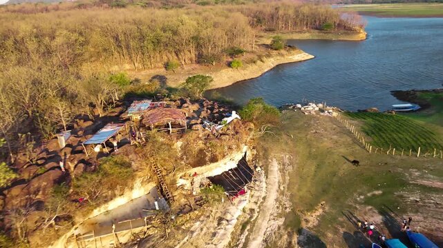 Aerial drone view of the islands on Lago Suchitlan in El Salvador. The Cerr&oacute;n Grande Reservoir, also known locally as Lake Suchitl&aacute;n